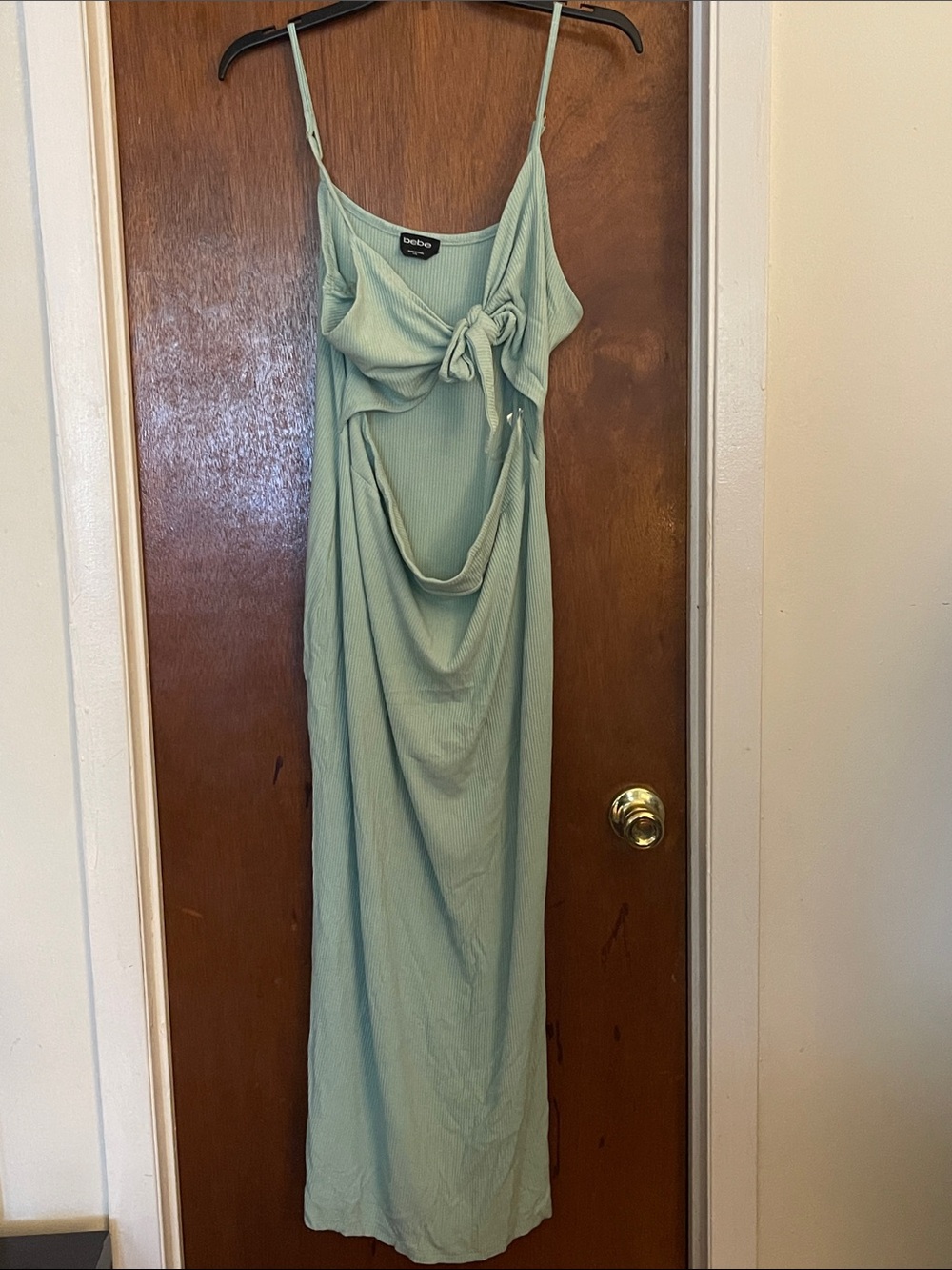 bebe Sage Green Tie-Front Ribbed Maxi Dress
